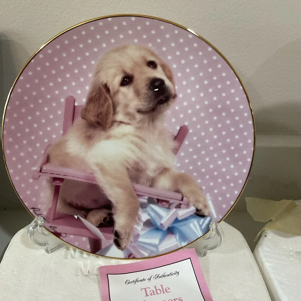 VTG Golden Puppies Collector Plate Dog Portrait Decorative Wall Plate Gold Rim